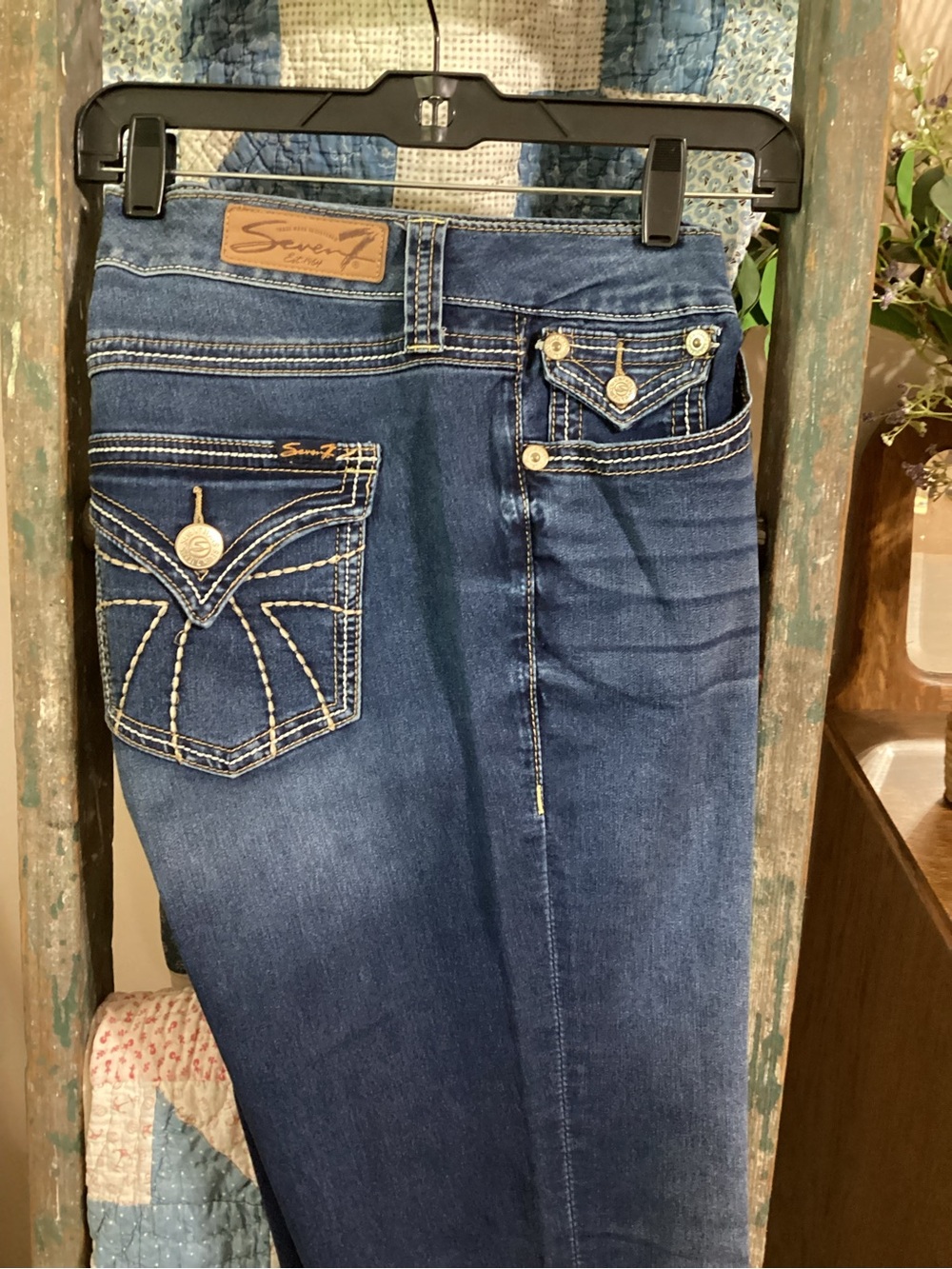 Seven7 Women's Dark Blue Flare Leg Jeans with Embroidered Pockets